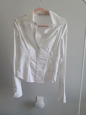 Karen Millen White Button-Front Collared Shirt with Textured Panels